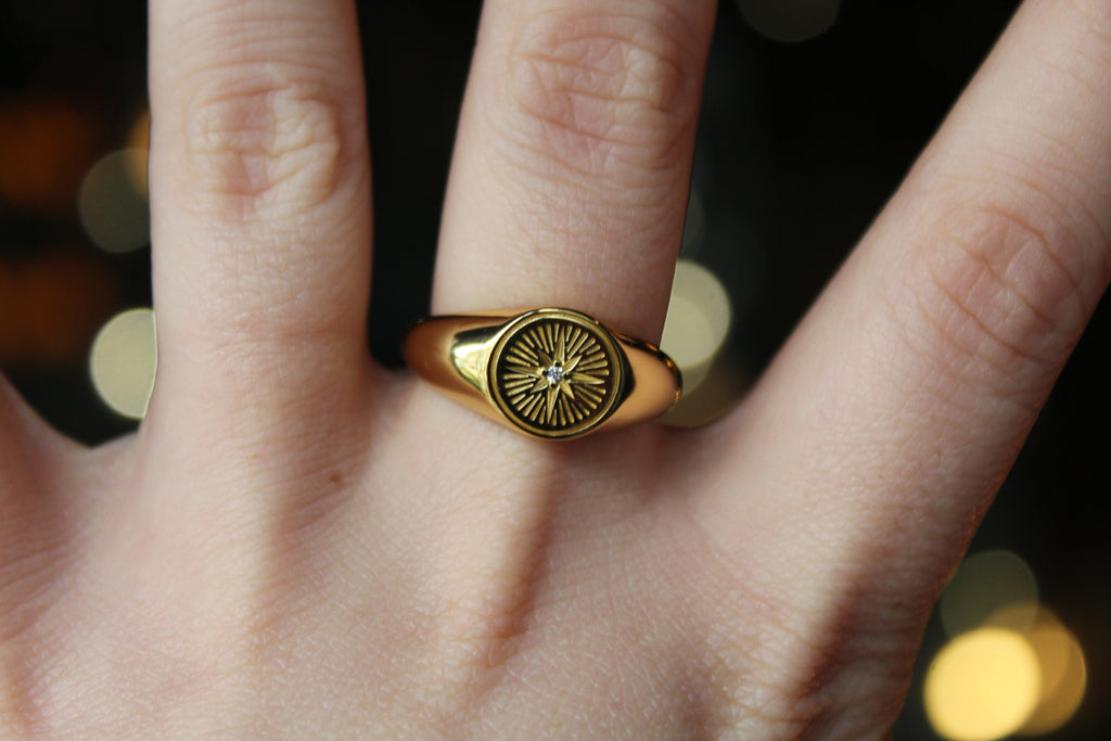 Diamond Cut Signet Ring with Cubic Zirconia