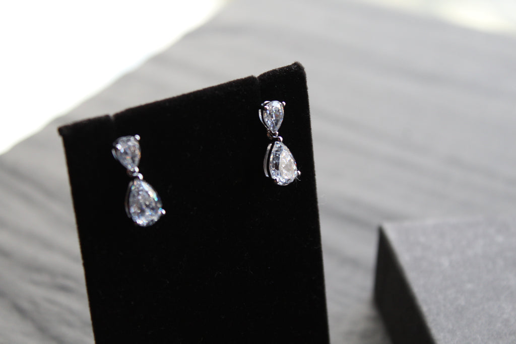 Double CZ Silver Teardop Earrings