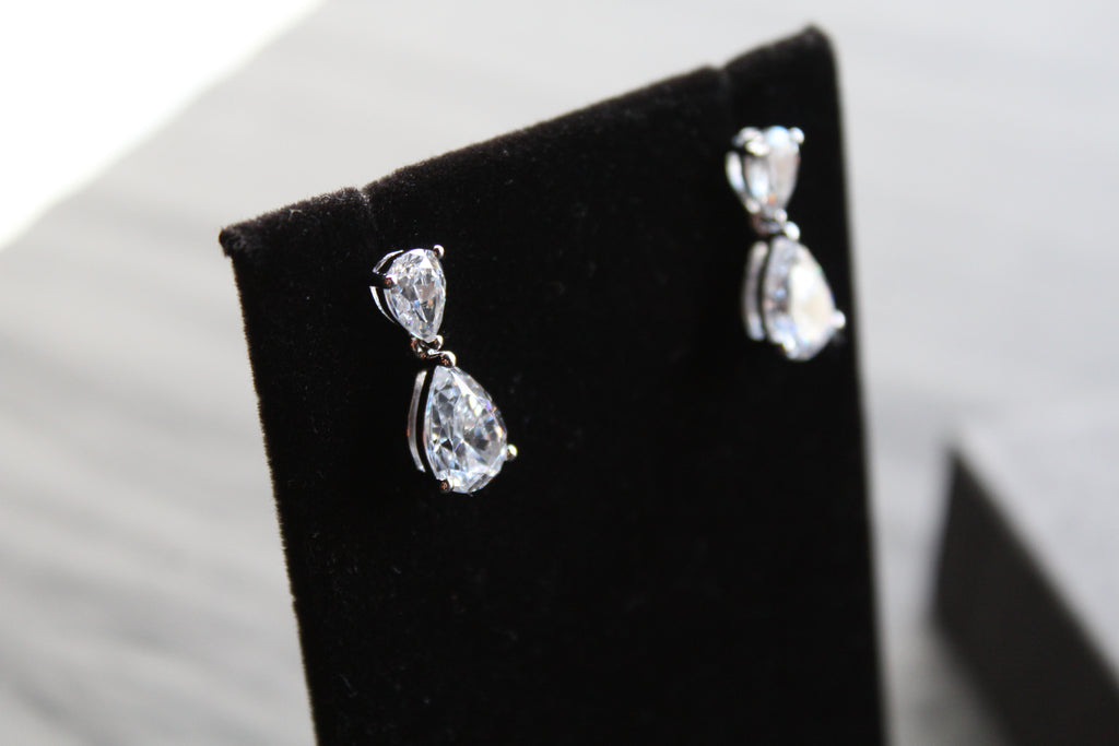Double CZ Silver Teardop Earrings