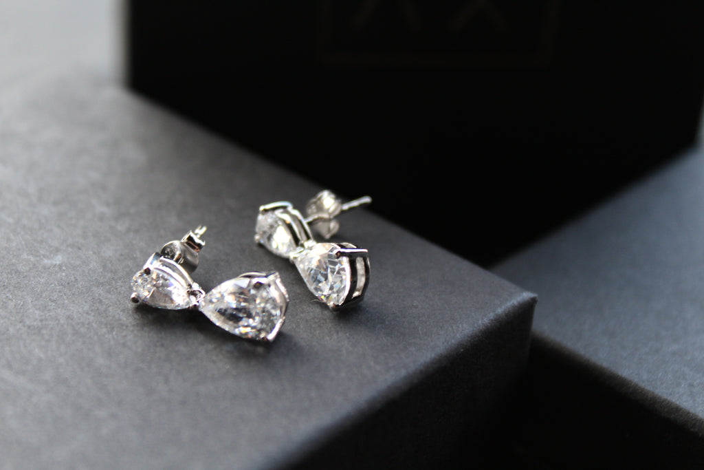 Double CZ Silver Teardop Earrings