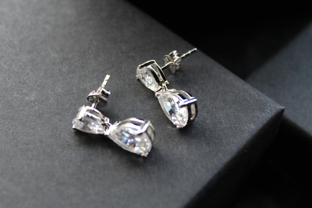 Double CZ Silver Teardop Earrings