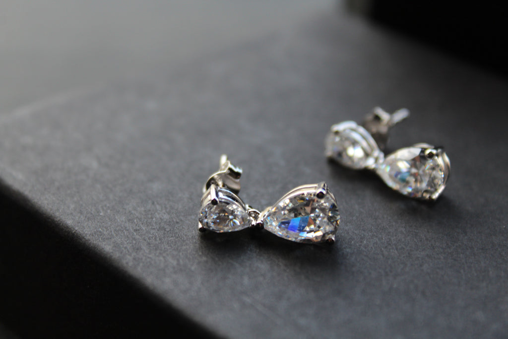 Double CZ Silver Teardop Earrings