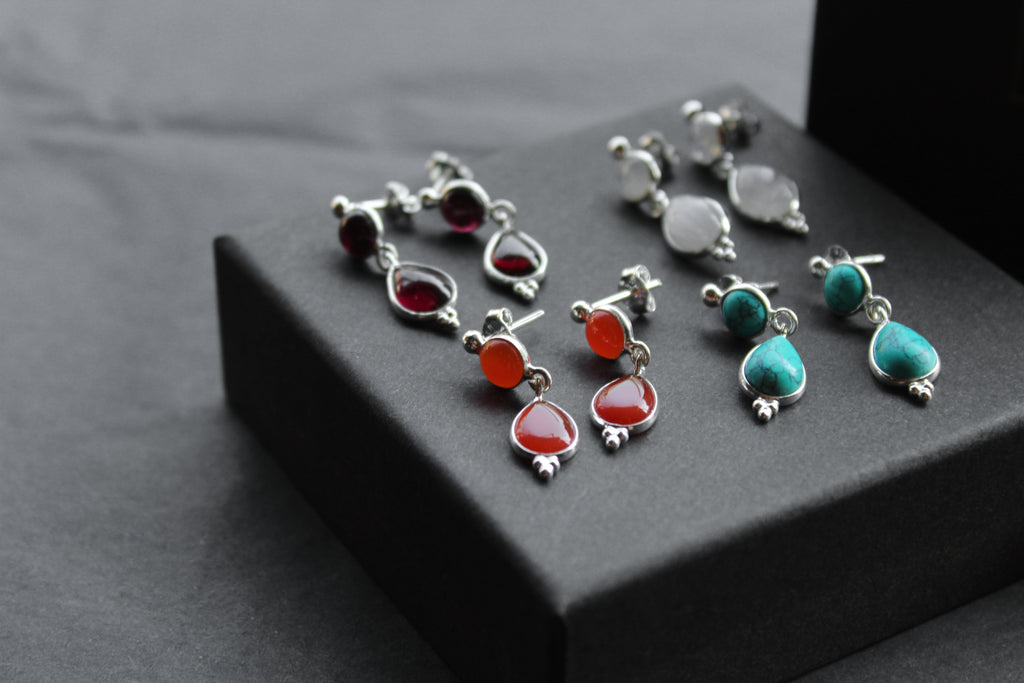 Double Semi-Precious Stone Silver Earrings