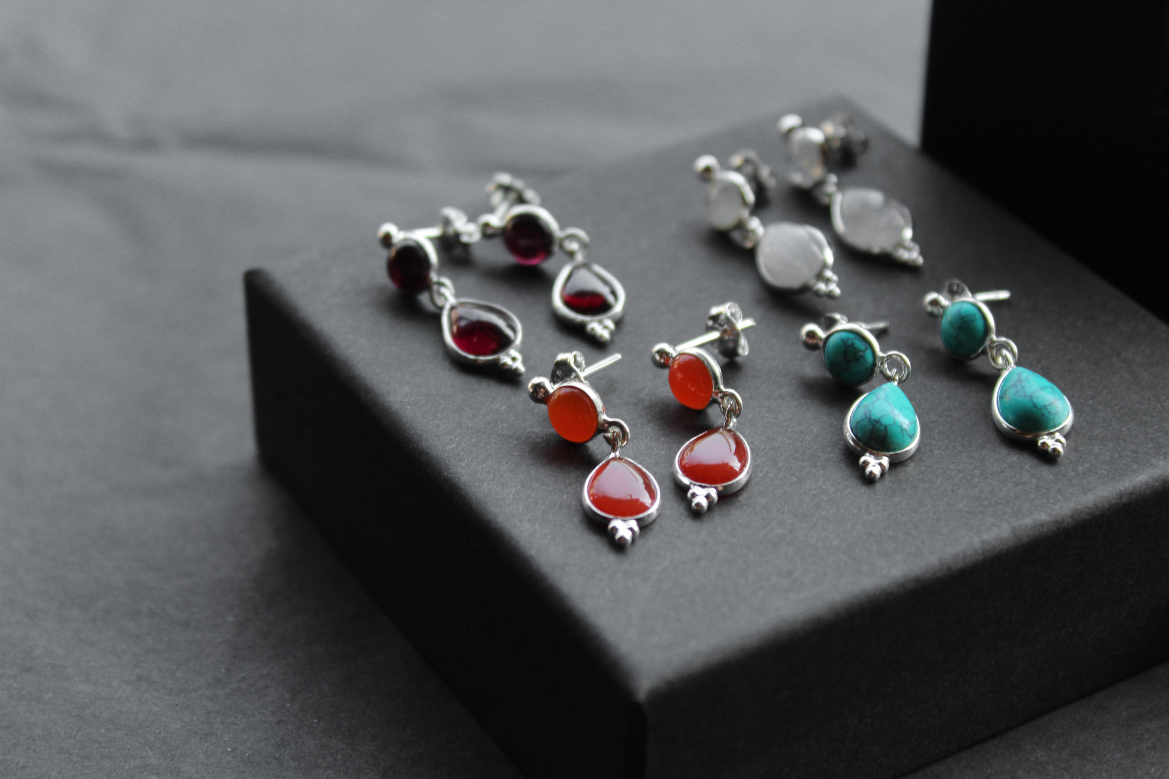 Double Semi-Precious Stone Silver Earrings