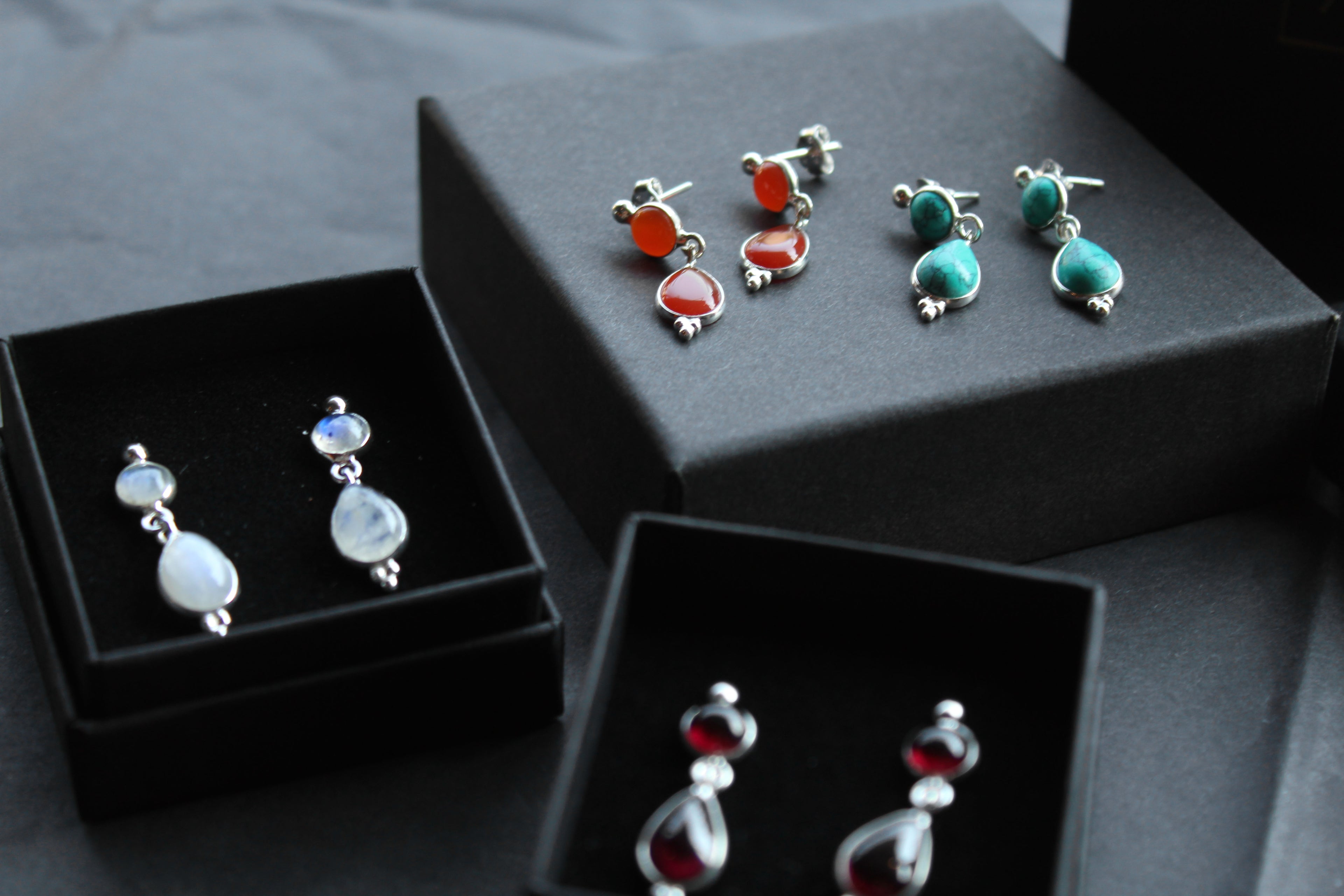 Double Semi-Precious Stone Silver Earrings