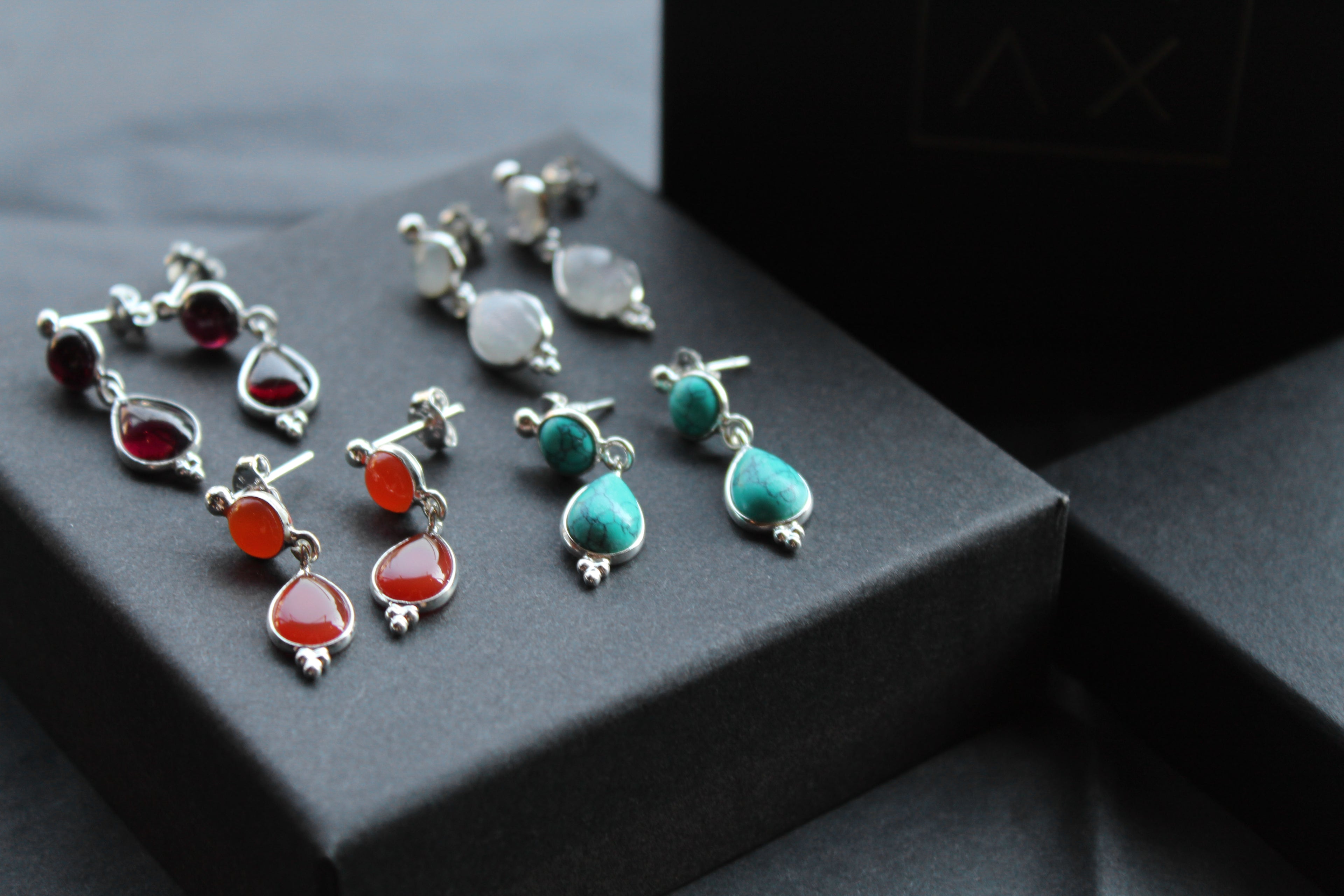 Double Semi-Precious Stone Silver Earrings