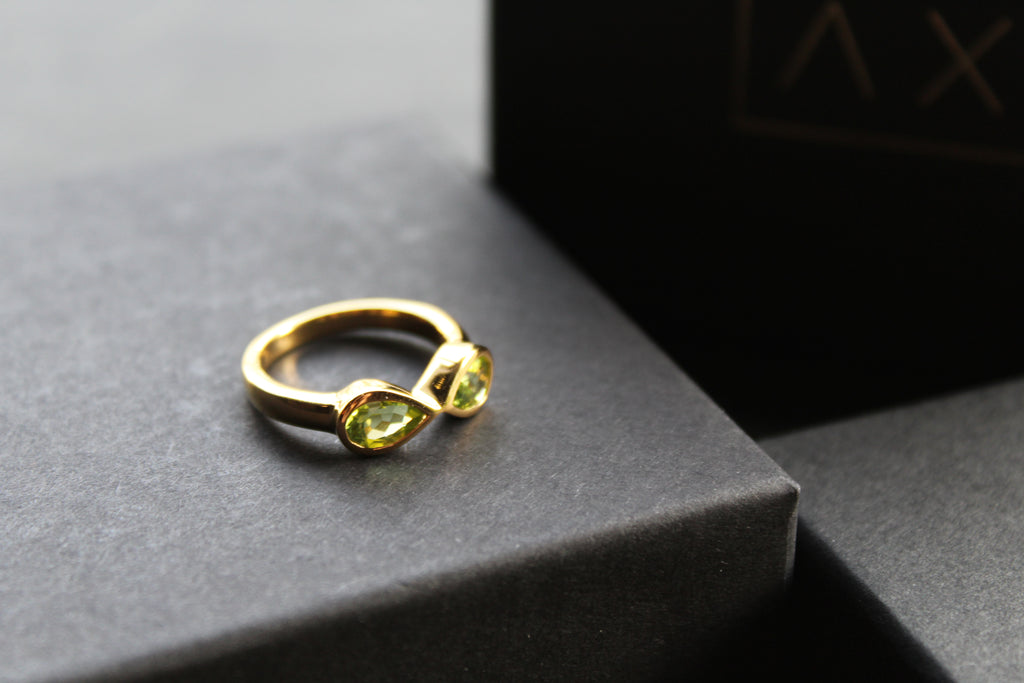 Double Teardrop Peridot Ring Sterling Silver with Gold Plate