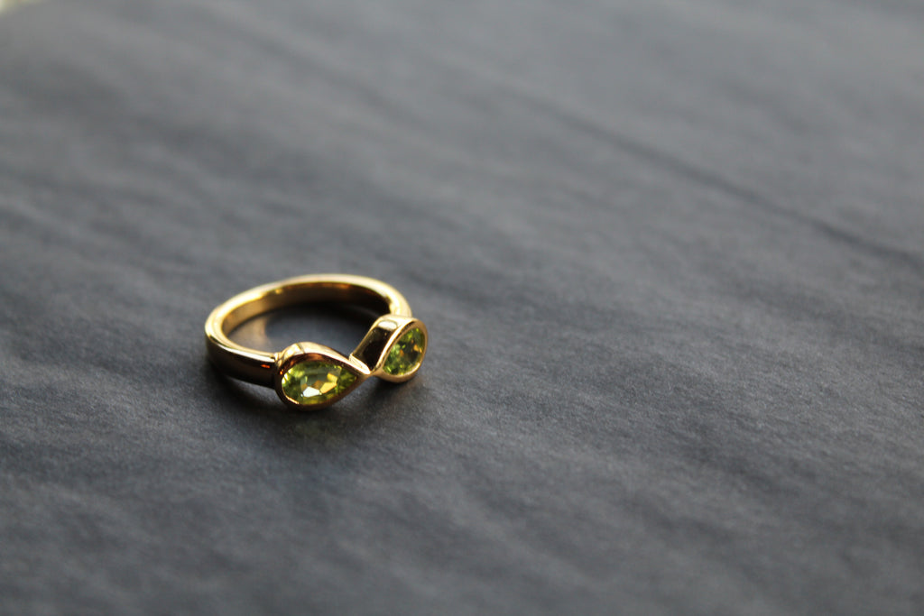 Double Teardrop Peridot Ring Sterling Silver with Gold Plate