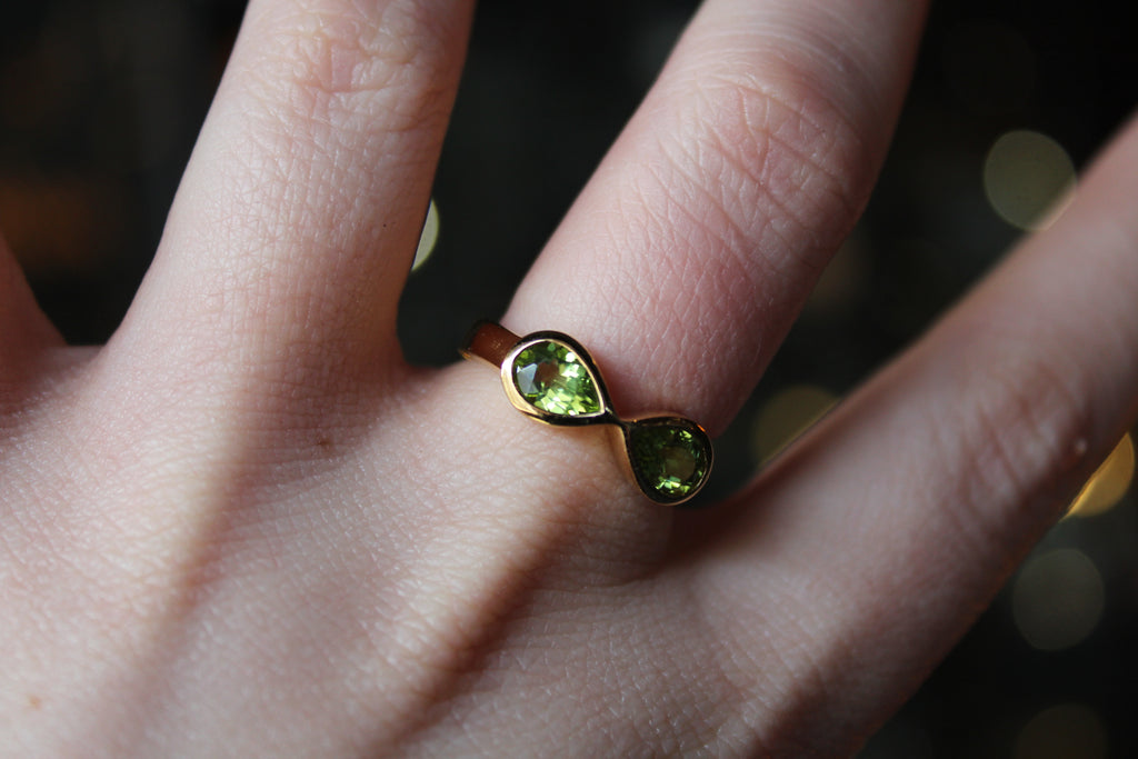 Double Teardrop Peridot Ring Sterling Silver with Gold Plate