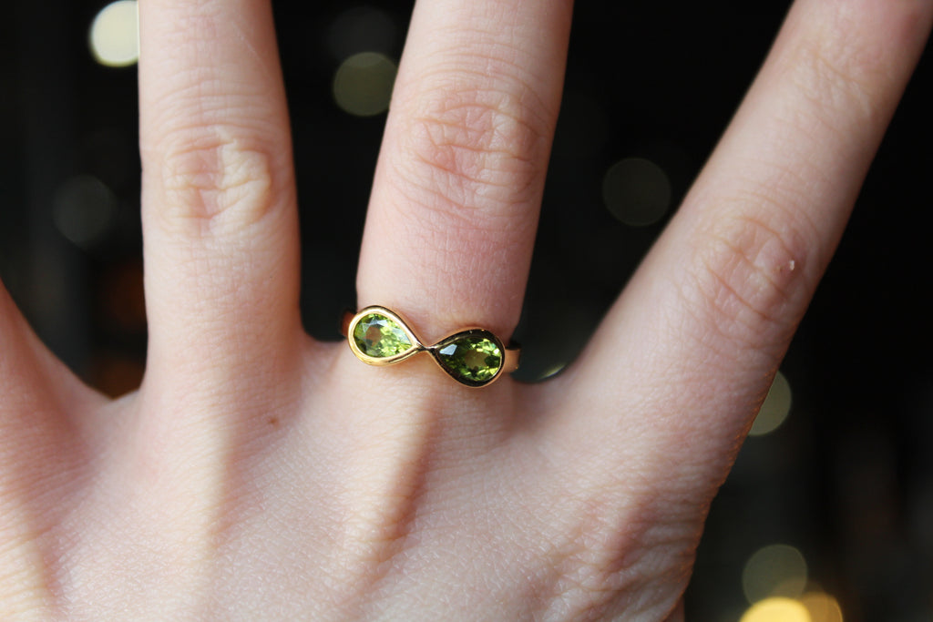 Double Teardrop Peridot Ring Sterling Silver with Gold Plate