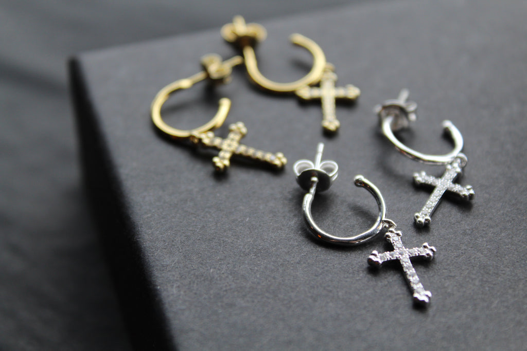 Fancy CZ Cross Charms on Stud Hoops