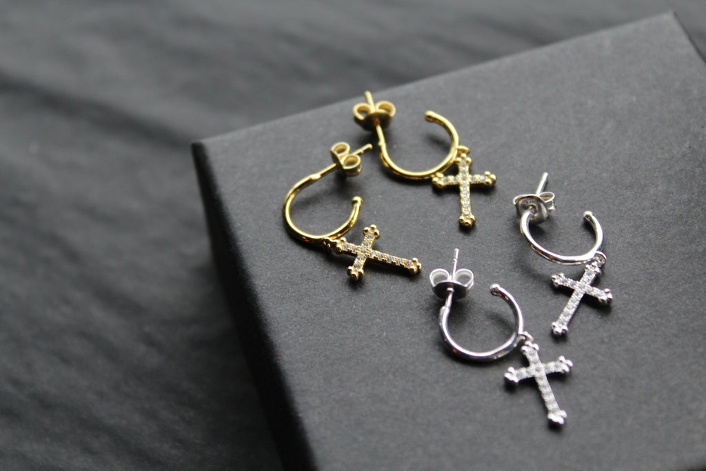 Fancy CZ Cross Charms on Stud Hoops