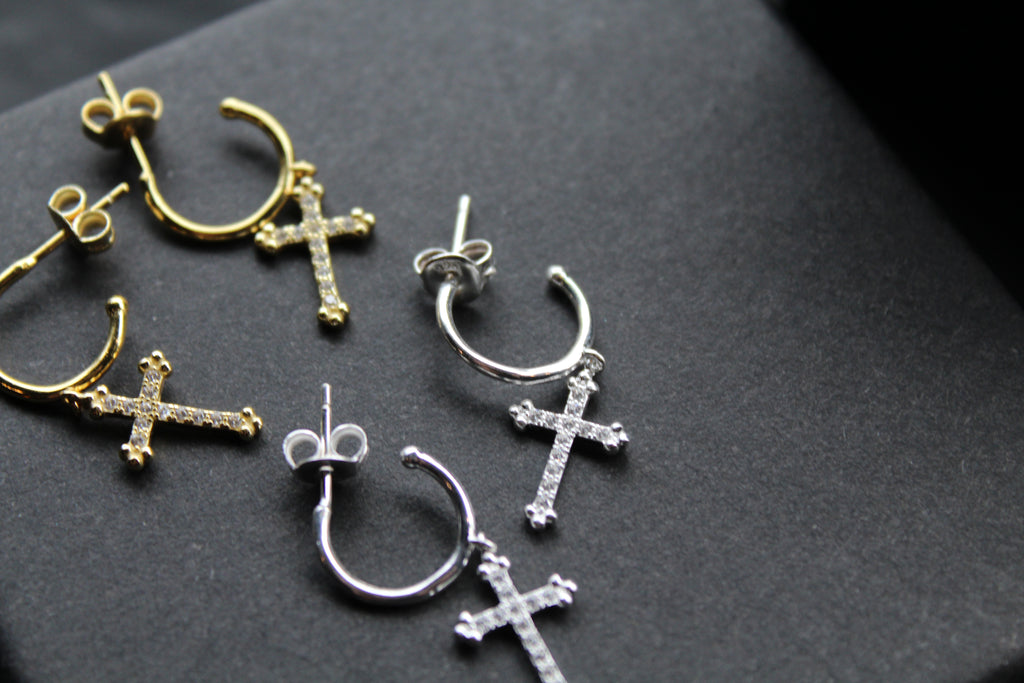 Fancy CZ Cross Charms on Stud Hoops
