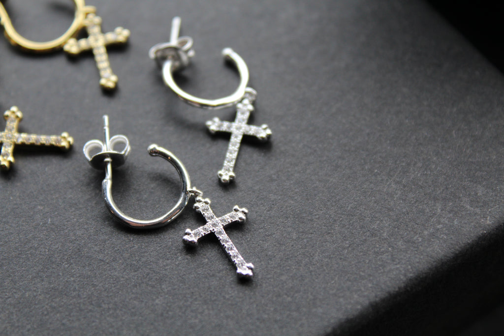 Fancy CZ Cross Charms on Stud Hoops
