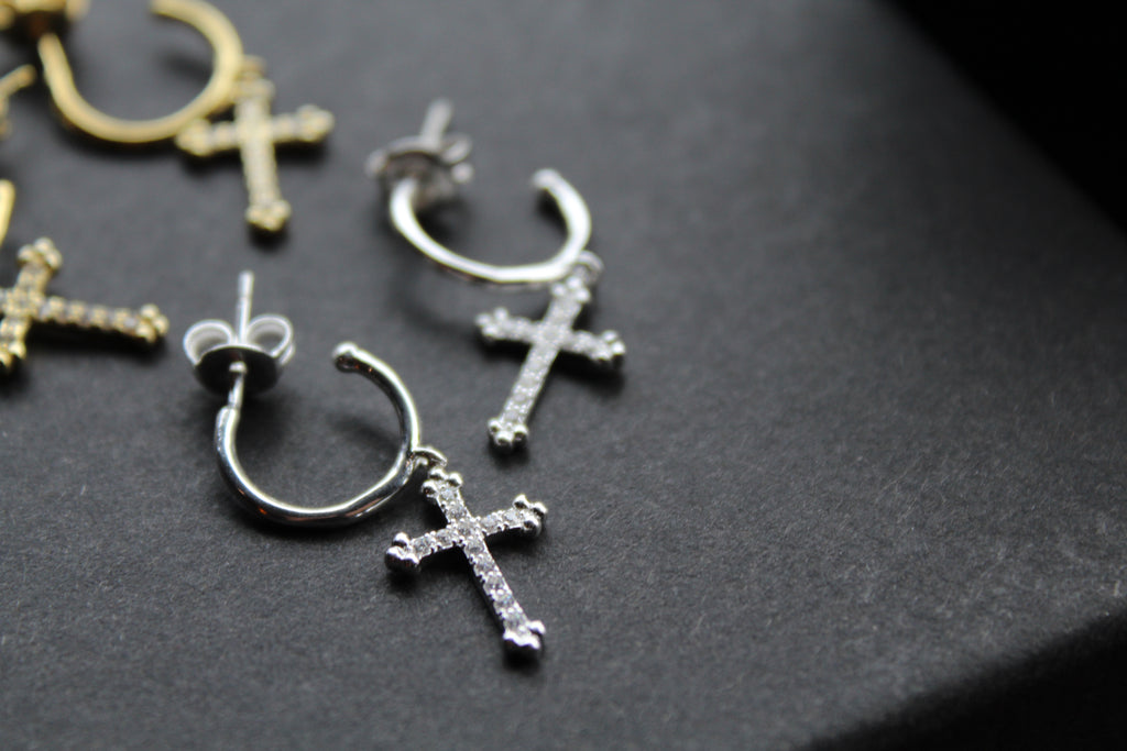 Fancy CZ Cross Charms on Stud Hoops