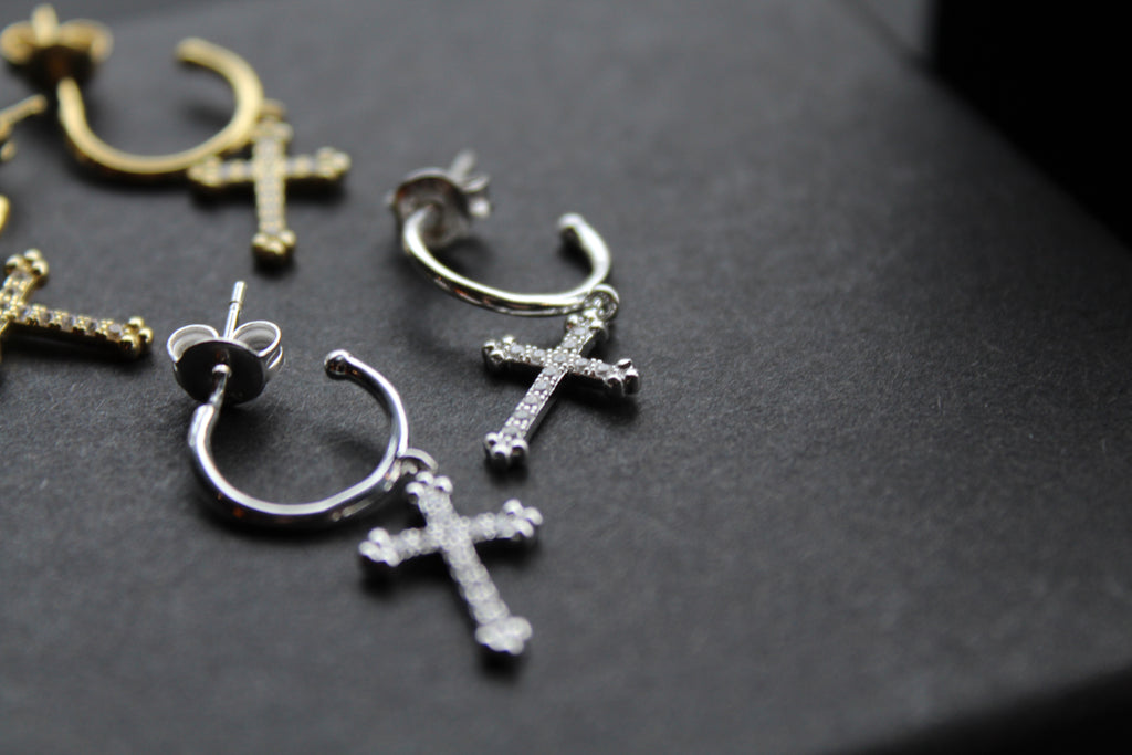 Fancy CZ Cross Charms on Stud Hoops
