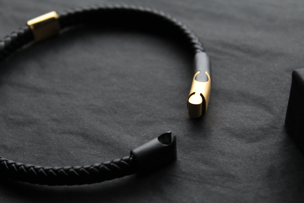 Fred Bennett Leather Bracelet with Black IP and Yellow Gold Plated Details