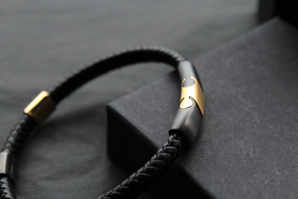 Fred Bennett Leather Bracelet with Black IP and Yellow Gold Plated Details
