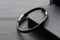 Fred Bennett Leather Bracelet with Black IP and Yellow Gold Plated Details