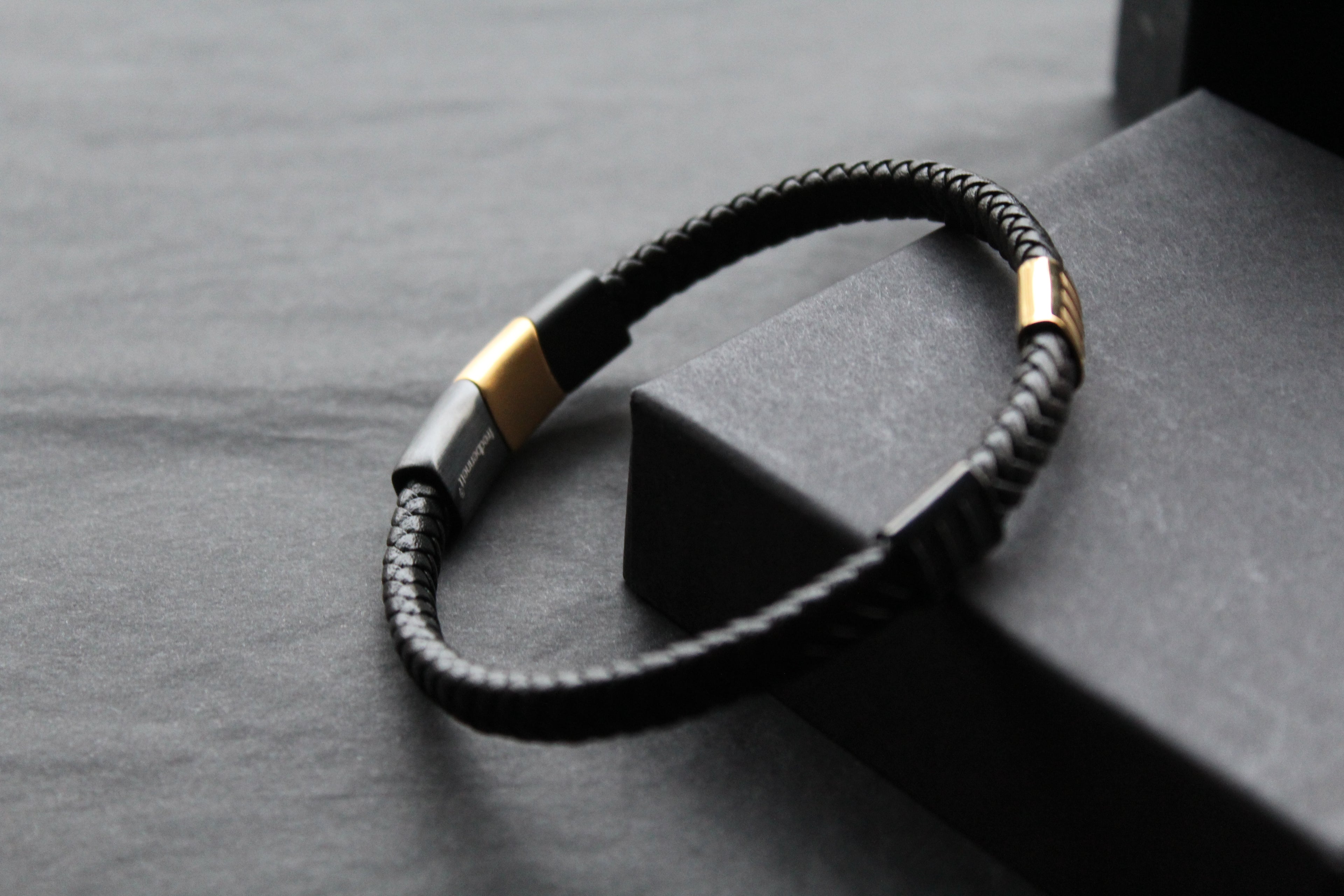 Fred Bennett Leather Bracelet with Black IP and Yellow Gold Plated Details
