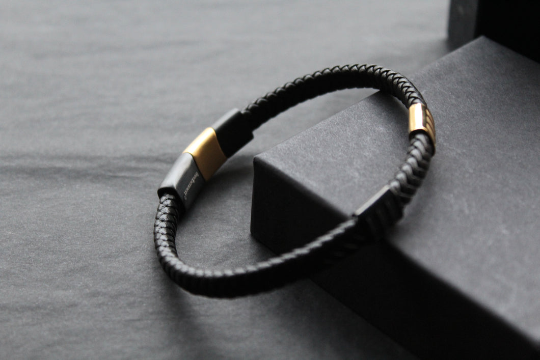Fred Bennett Leather Bracelet with Black IP and Yellow Gold Plated Details
