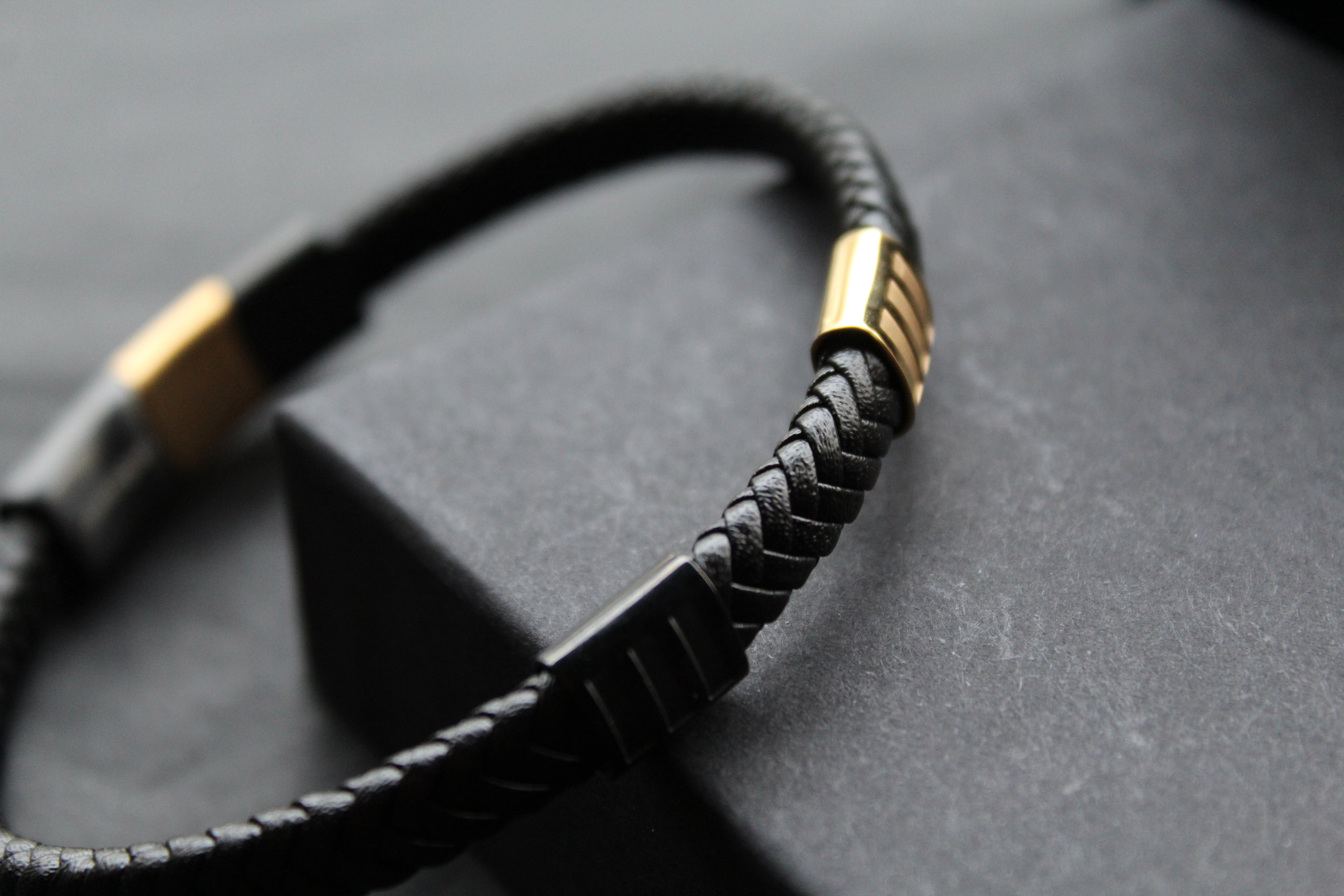 Fred Bennett Leather Bracelet with Black IP and Yellow Gold Plated Details