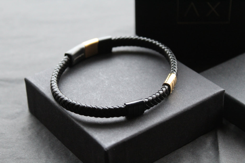 Fred Bennett Leather Bracelet with Black IP and Yellow Gold Plated Details