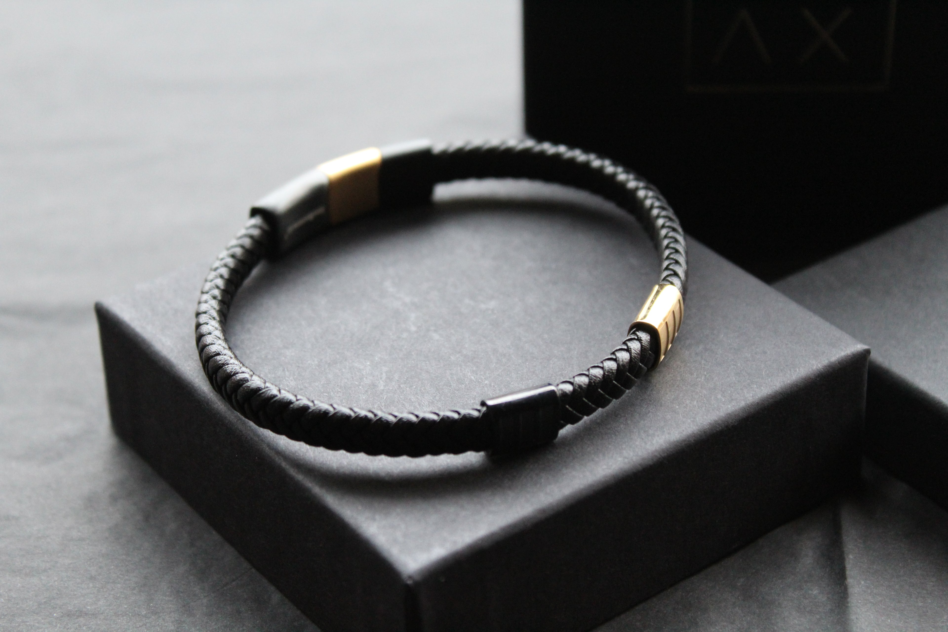 Fred Bennett Leather Bracelet with Black IP and Yellow Gold Plated Details