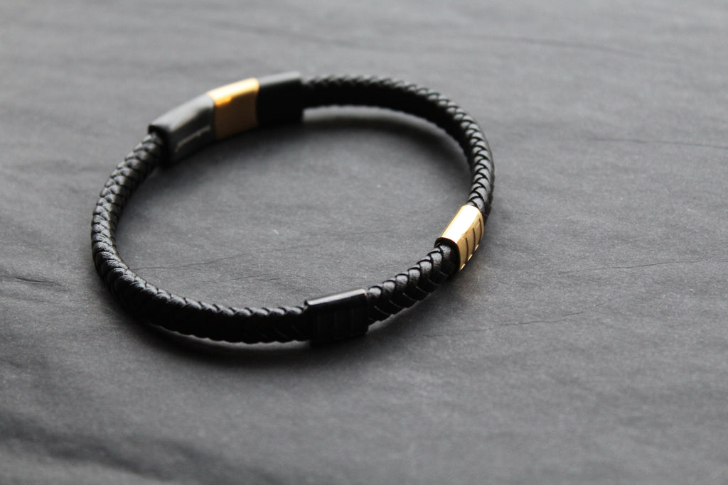Fred Bennett Leather Bracelet with Black IP and Yellow Gold Plated Details