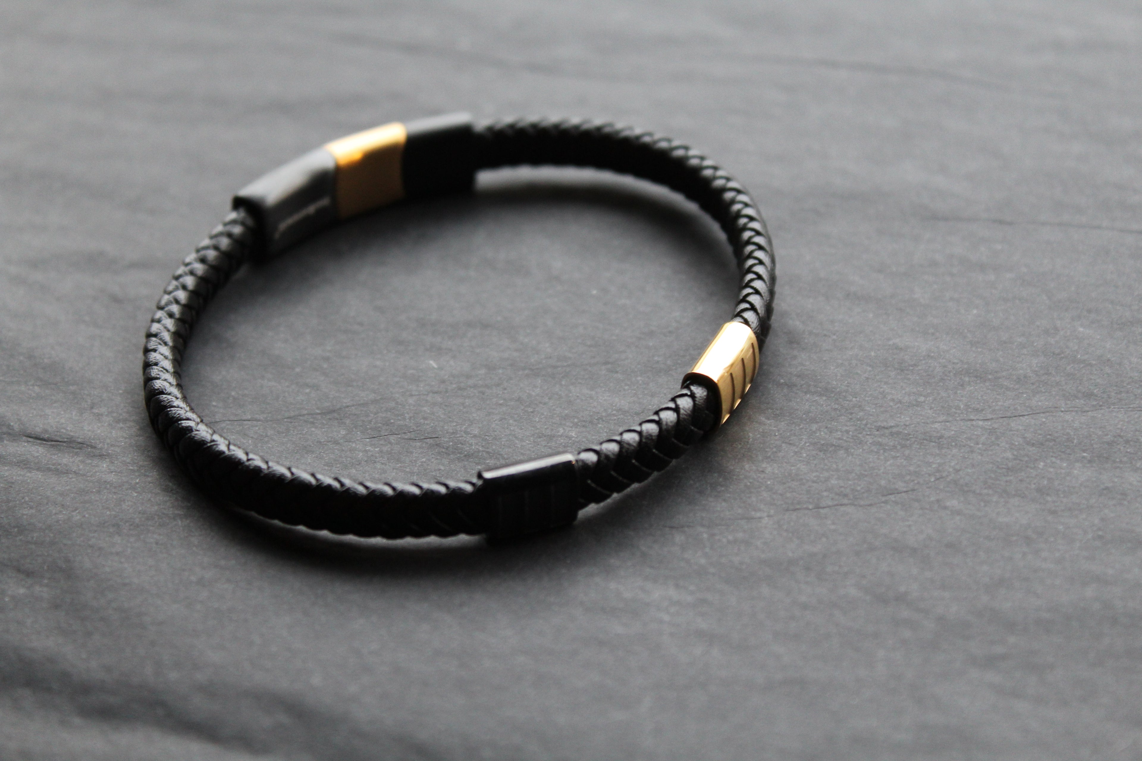 Fred Bennett Leather Bracelet with Black IP and Yellow Gold Plated Details