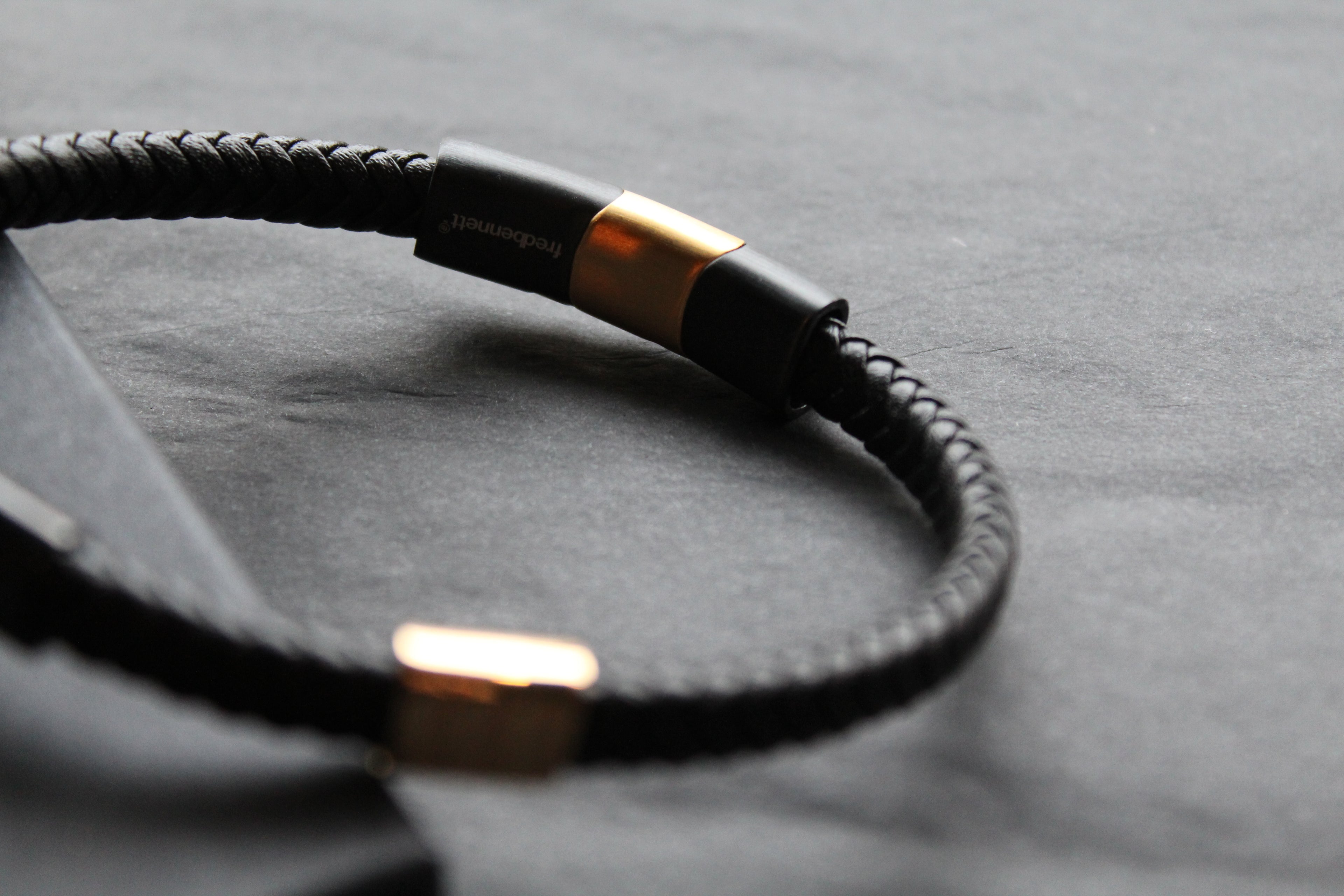 Fred Bennett Leather Bracelet with Black IP and Yellow Gold Plated Details