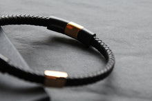 Load image into Gallery viewer, Fred Bennett Leather Bracelet with Black IP and Yellow Gold Plated Details
