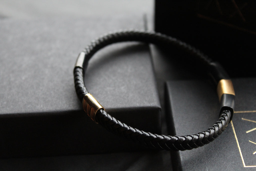 Fred Bennett Leather Bracelet with Black IP and Yellow Gold Plated Details