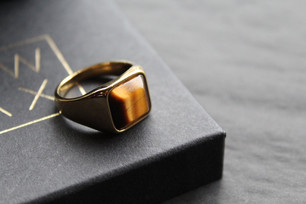 Fred Bennett Signet Ring with Tiger Eye Gold IP Plating