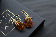 Load image into Gallery viewer, Gold Plated Cognac Amber Drop Earrings

