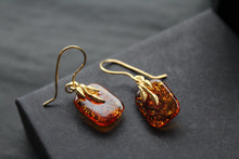 Load image into Gallery viewer, Gold Plated Cognac Amber Drop Earrings
