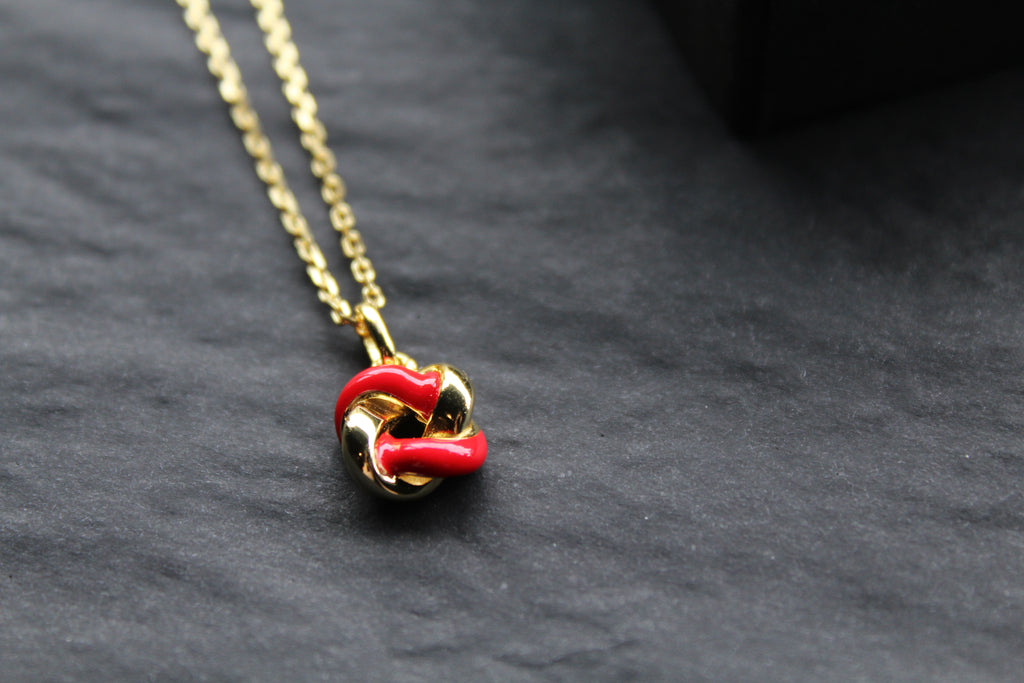 Gold Plated Ruby Red Enamel Knot Necklace