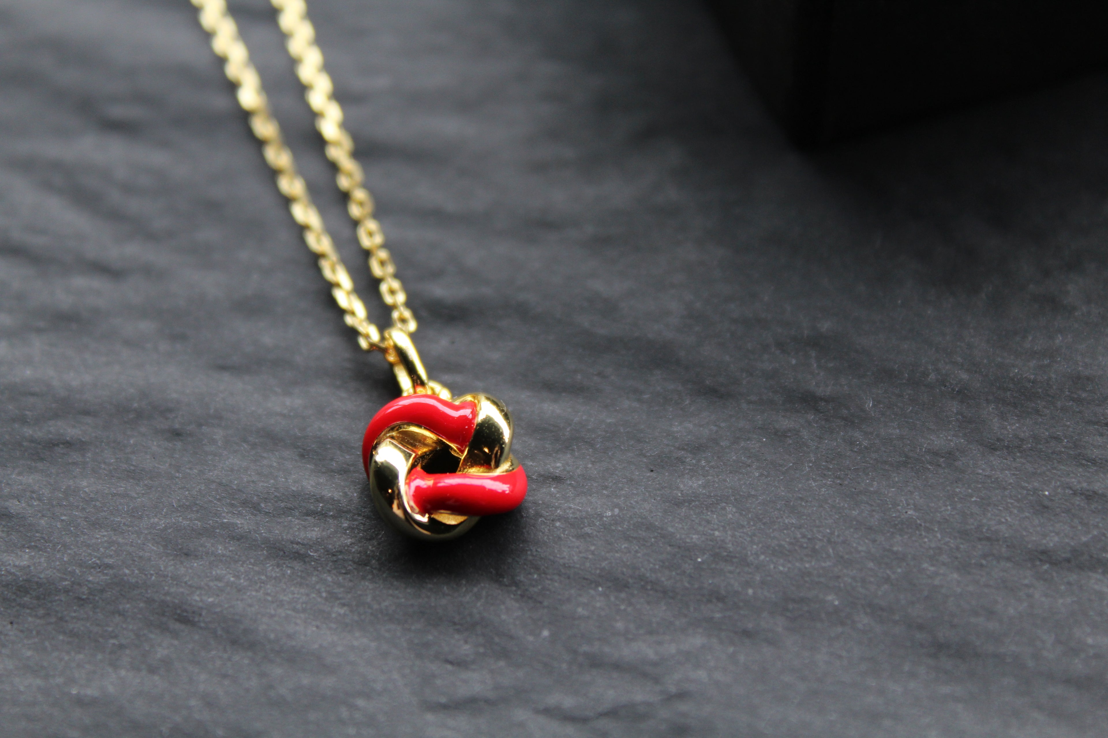 Gold Plated Ruby Red Enamel Knot Necklace