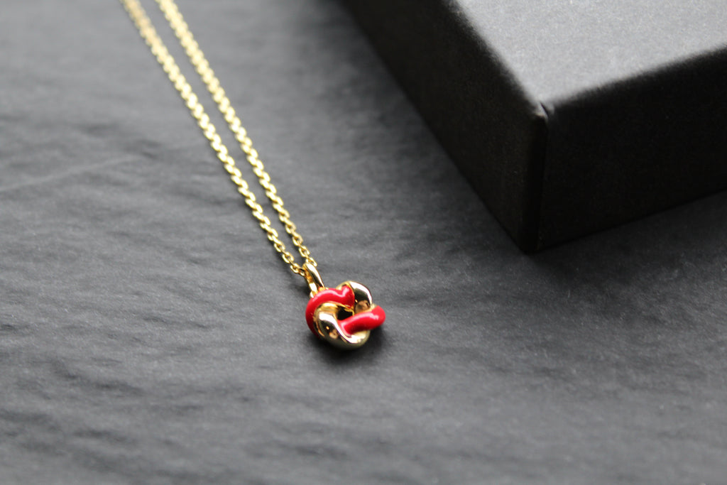 Gold Plated Ruby Red Enamel Knot Necklace