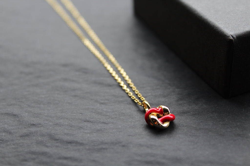 Gold Plated Ruby Red Enamel Knot Necklace