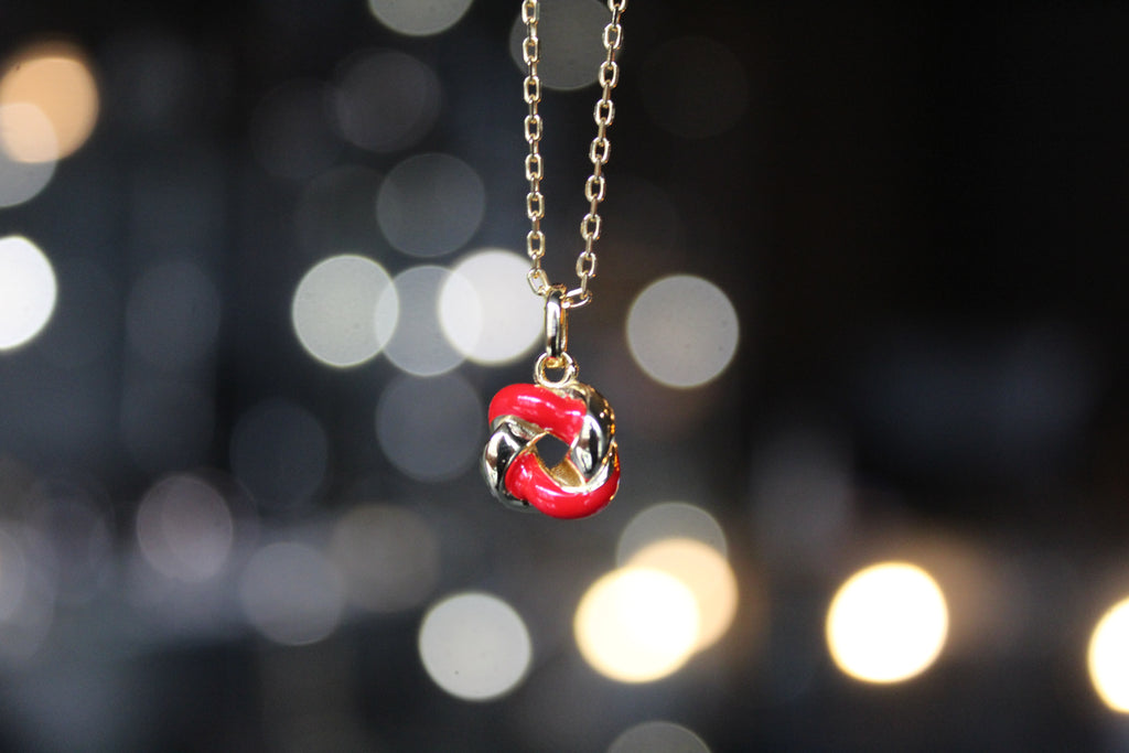Gold Plated Ruby Red Enamel Knot Necklace