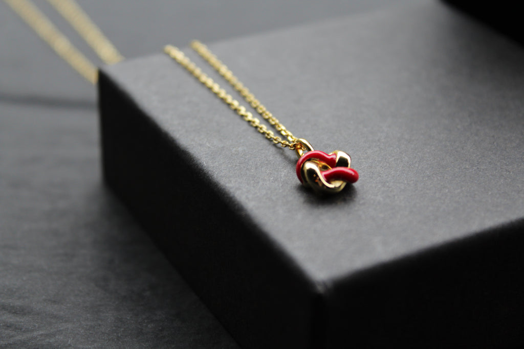 Gold Plated Ruby Red Enamel Knot Necklace