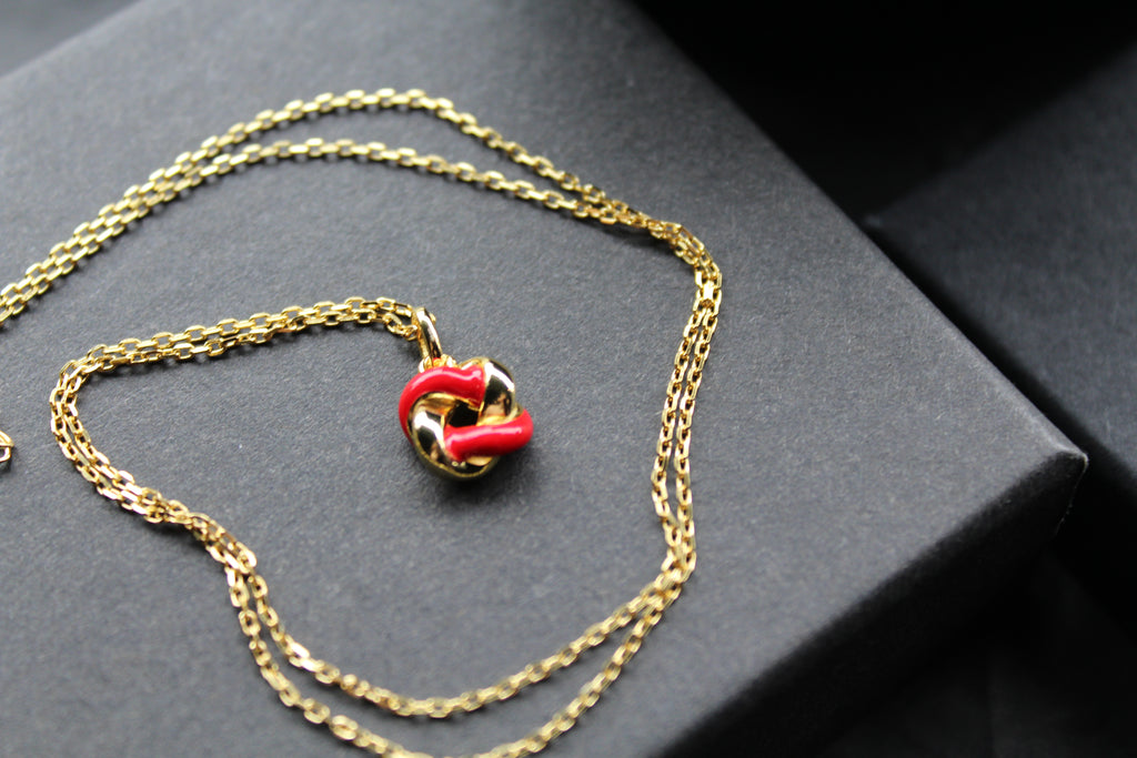 Gold Plated Ruby Red Enamel Knot Necklace