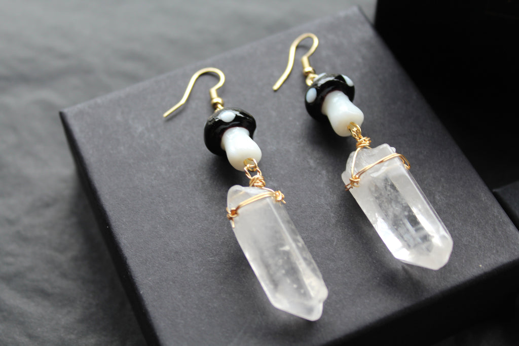 Gold Tone Black Mushroom & Raw Quartz Earrings