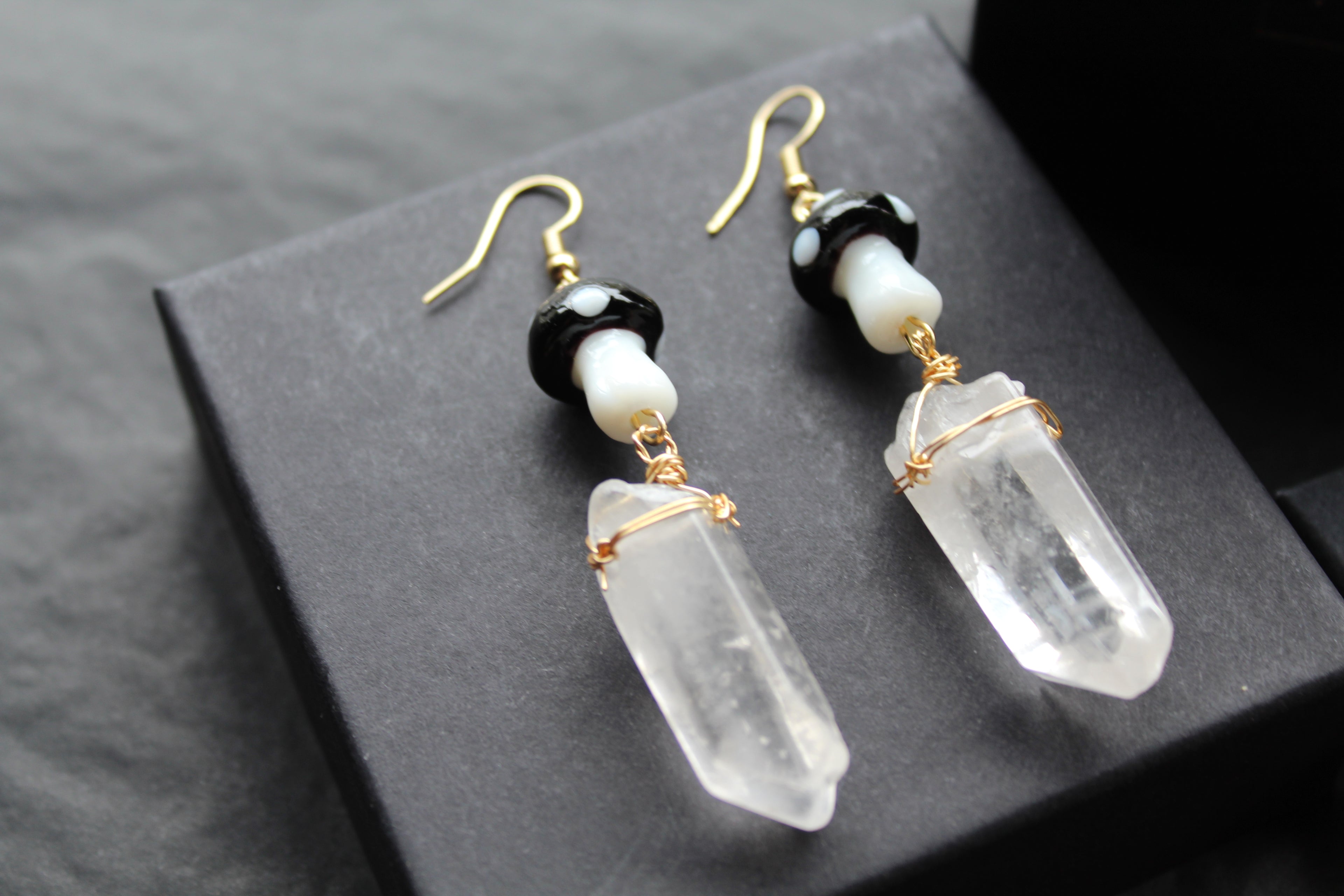 Gold Tone Black Mushroom & Raw Quartz Earrings
