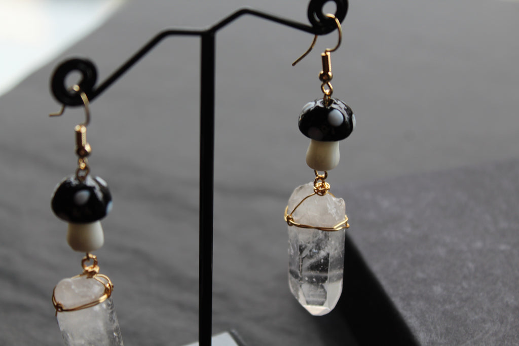 Gold Tone Black Mushroom & Raw Quartz Earrings