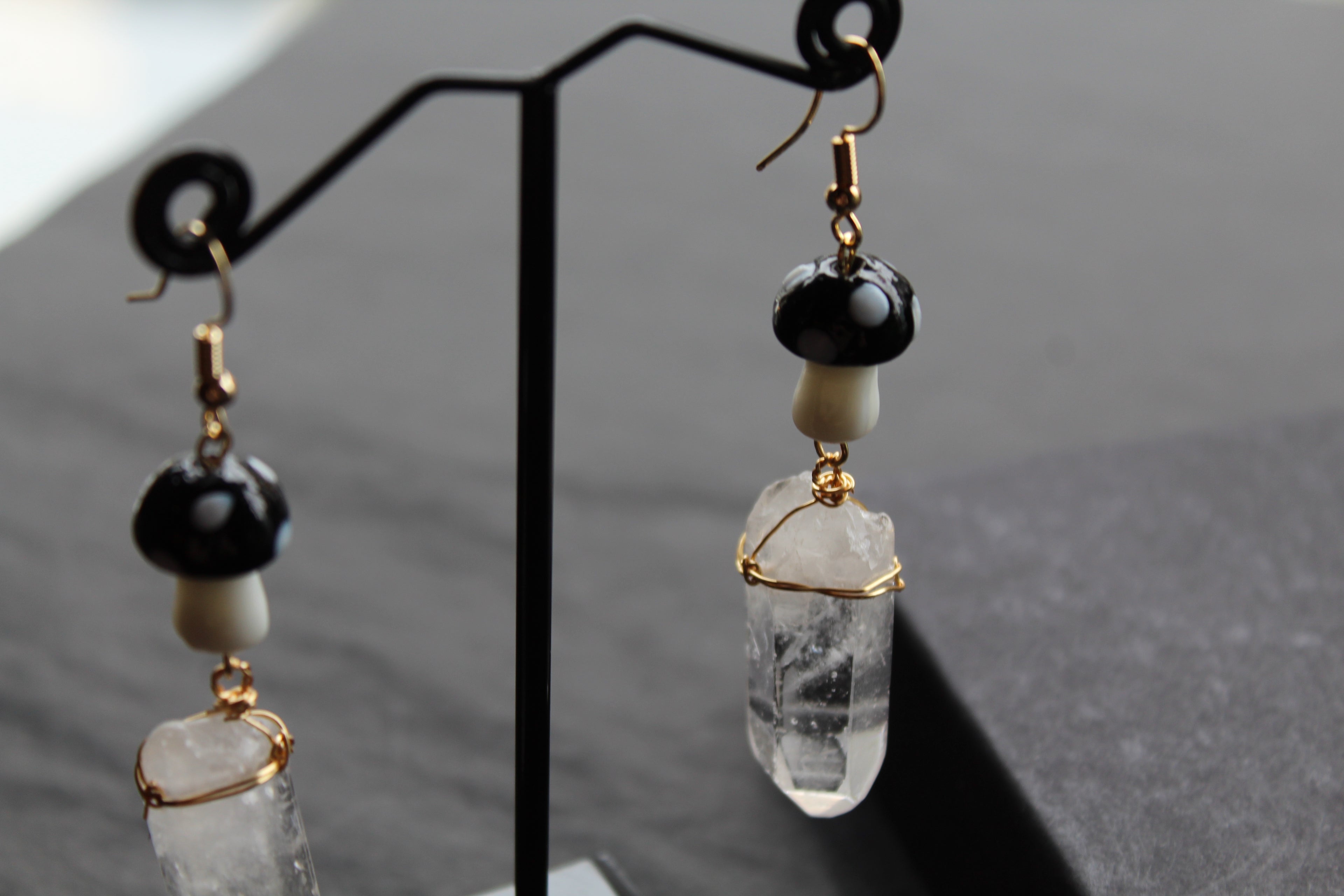 Gold Tone Black Mushroom & Raw Quartz Earrings