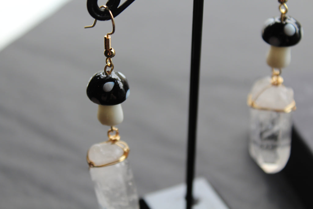 Gold Tone Black Mushroom & Raw Quartz Earrings