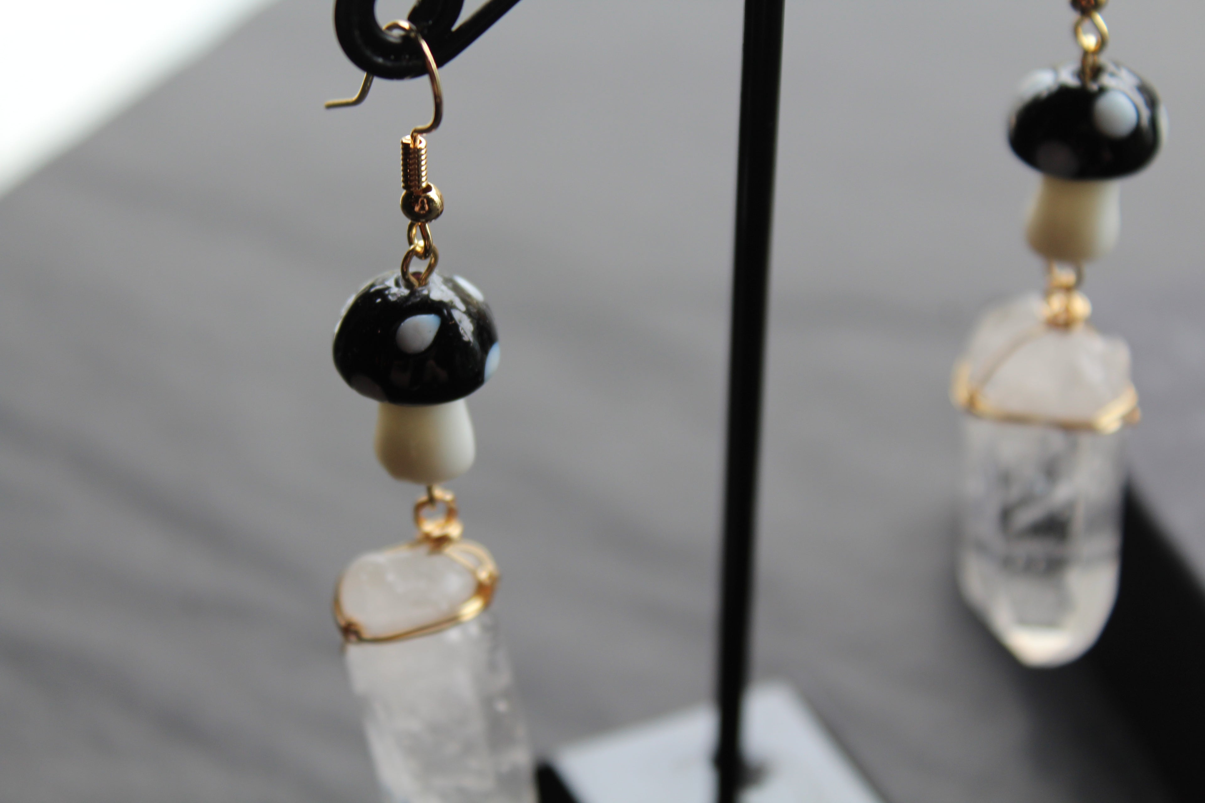 Gold Tone Black Mushroom & Raw Quartz Earrings