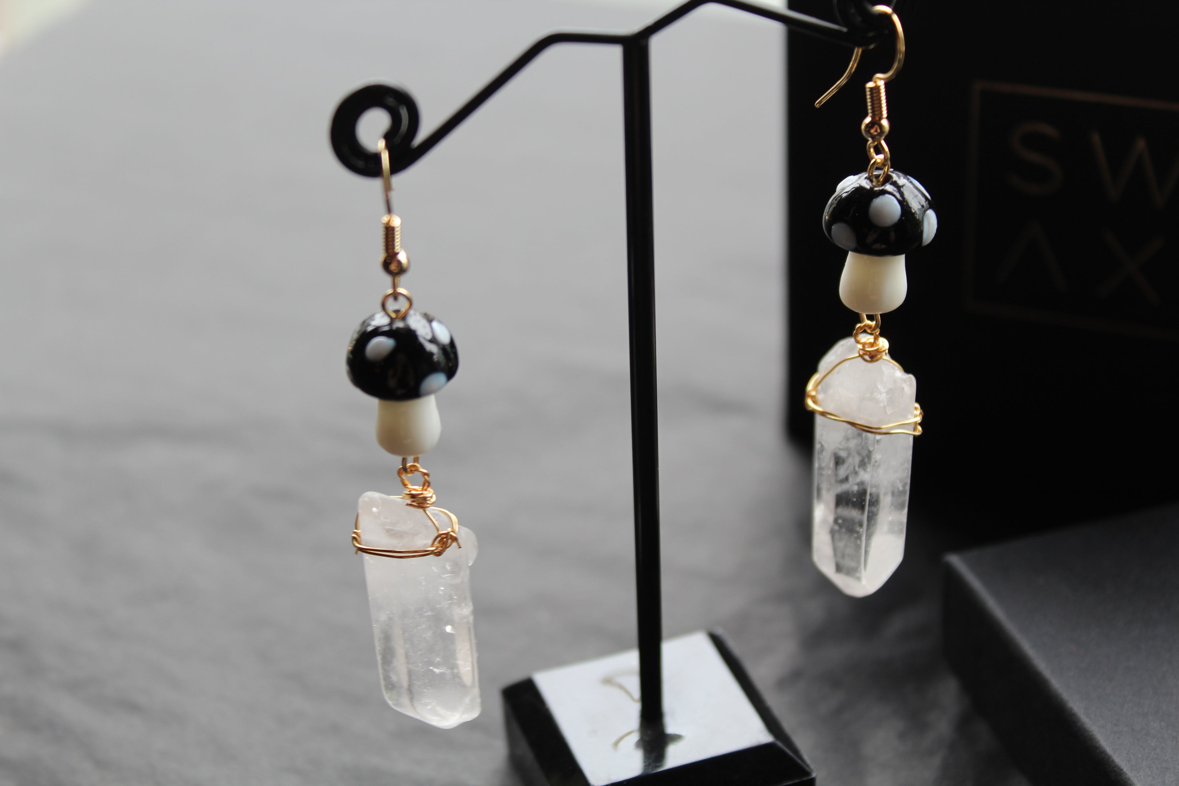 Gold Tone Black Mushroom & Raw Quartz Earrings